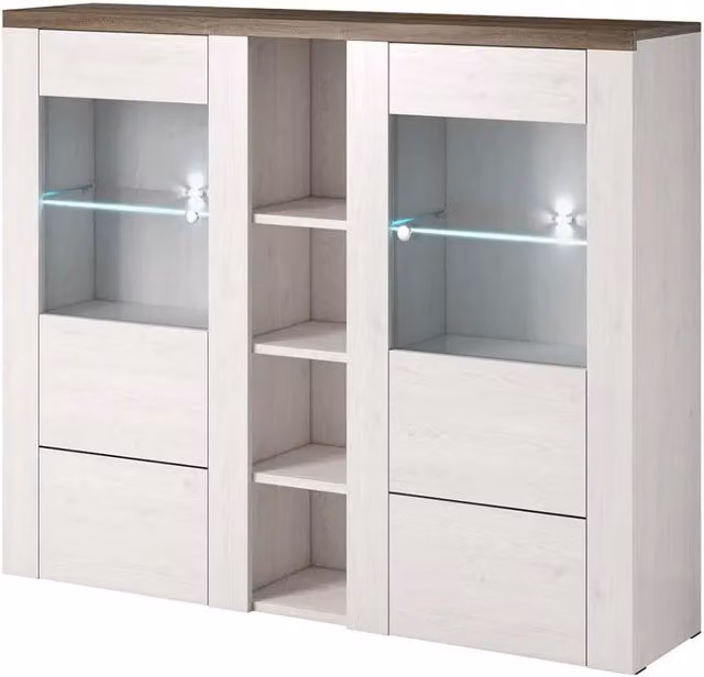 Credenza design 2 porte per soggiorno colore bianco effetto legno e quercia. Collezione SANTIAGO.