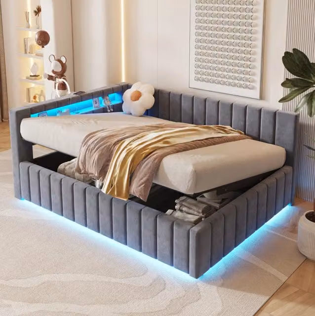 Letto imbottito multifunzionale 140x200 cm con contenitore idraulico, luci LED e porta USB, tessuto velluto grigio, struttura robusta con testiera e schienale imbottiti