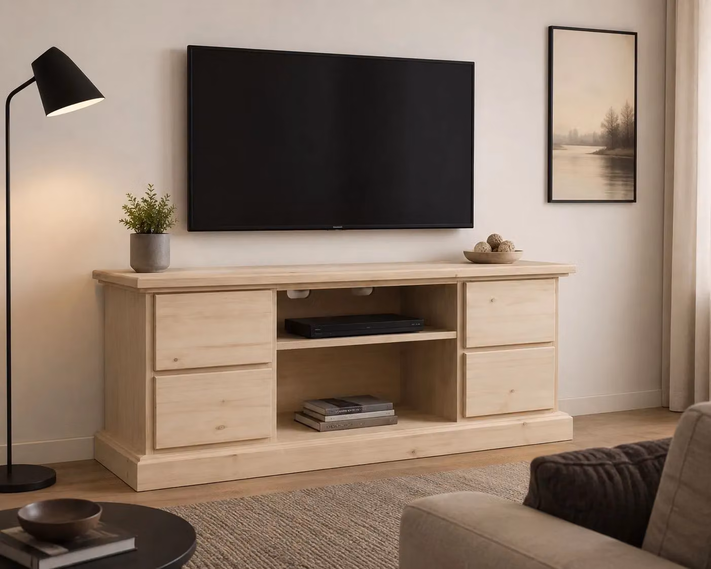 Porta TV in legno grezzo stile arte povera con 4 cassetti Mobili 2G L/P/H: 120 x 53 x 53 cm – 2