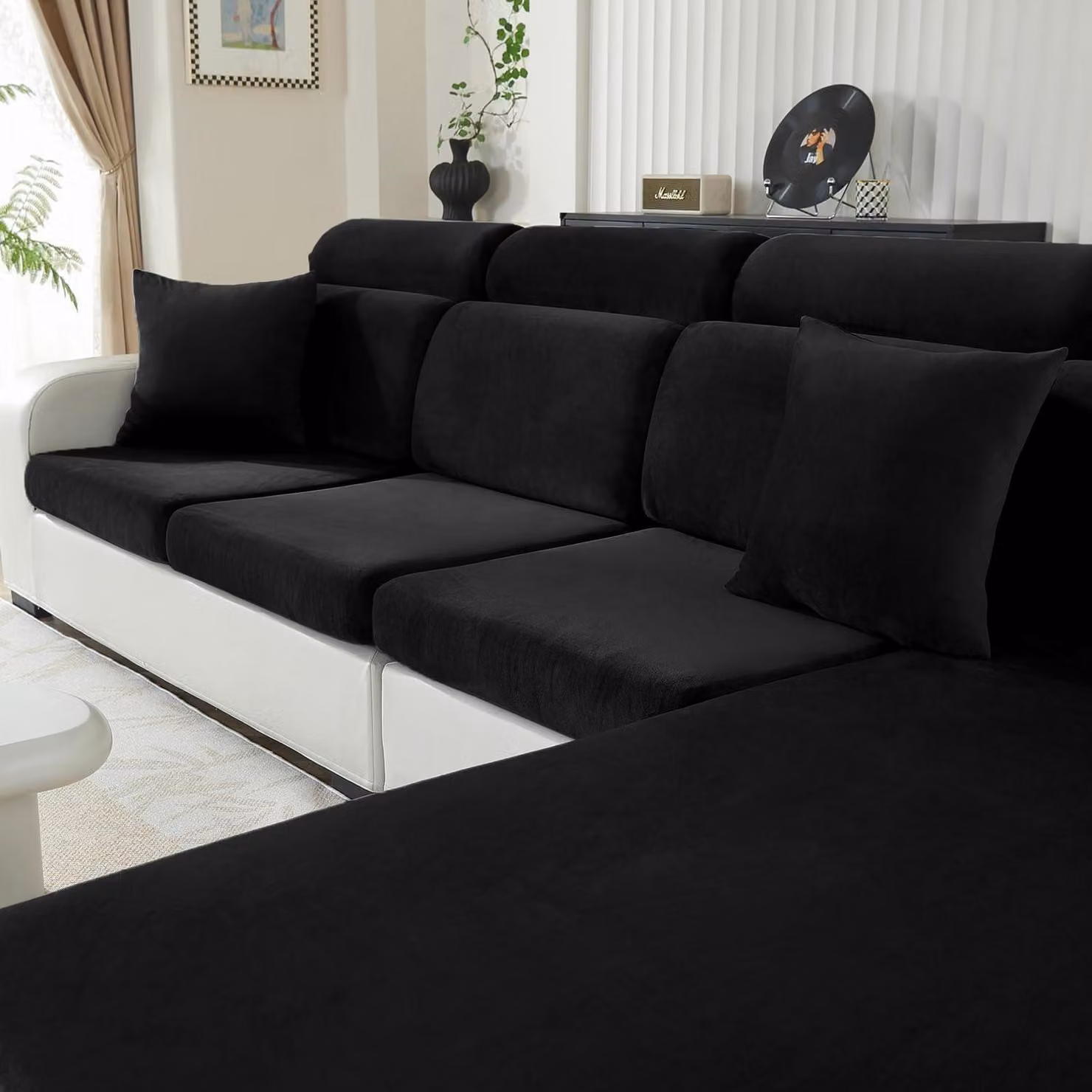 Copertura per cuscino da seduta in velluto, fodera elasticizzata per chaise longue, antiscivolo, lavabile, colore nero
