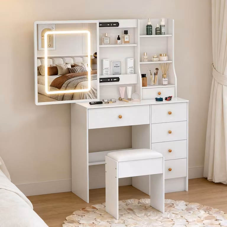 Set da toeletta bianco - Tavolino da trucco moderno - 6 cassetti - MDF - Con sgabello