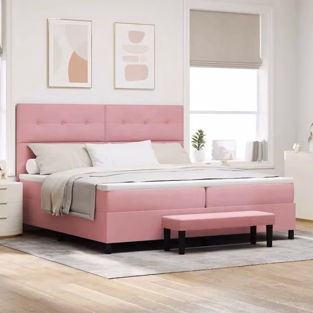 Letto a molle moderno vidaXL con testiera in velluto rosa, L: 200 cm, P: 200 cm, H: 128 cm – 1