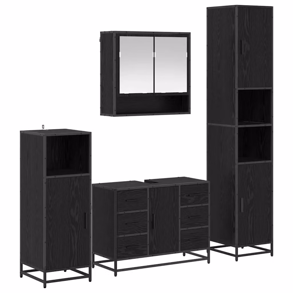 Set di mobili per il bagno vidaXL 4 pezzi in rovere e nero con armadietto a specchio, mobile lavabo, mobile laterale e colonna alta – 2