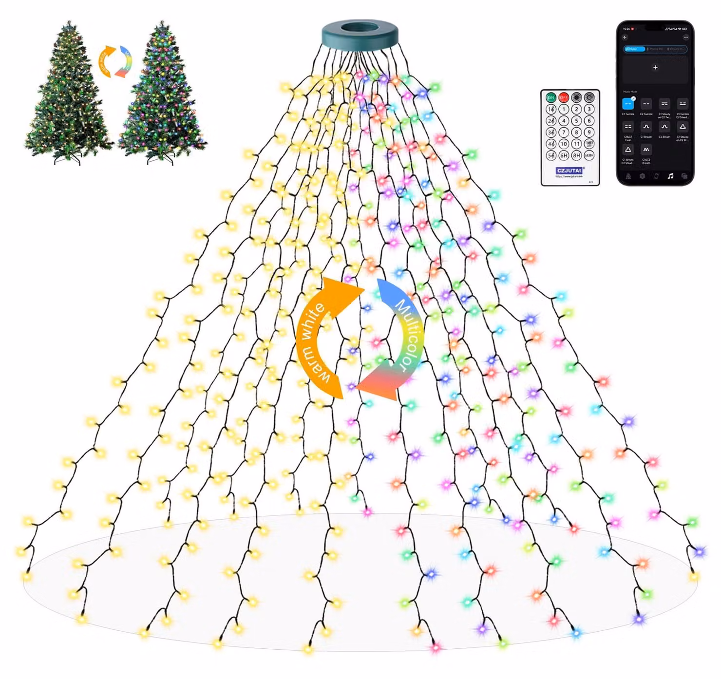 Luci per albero di Natale, lunghezza 2 metri, 400 LED, con anello, 8 modalità