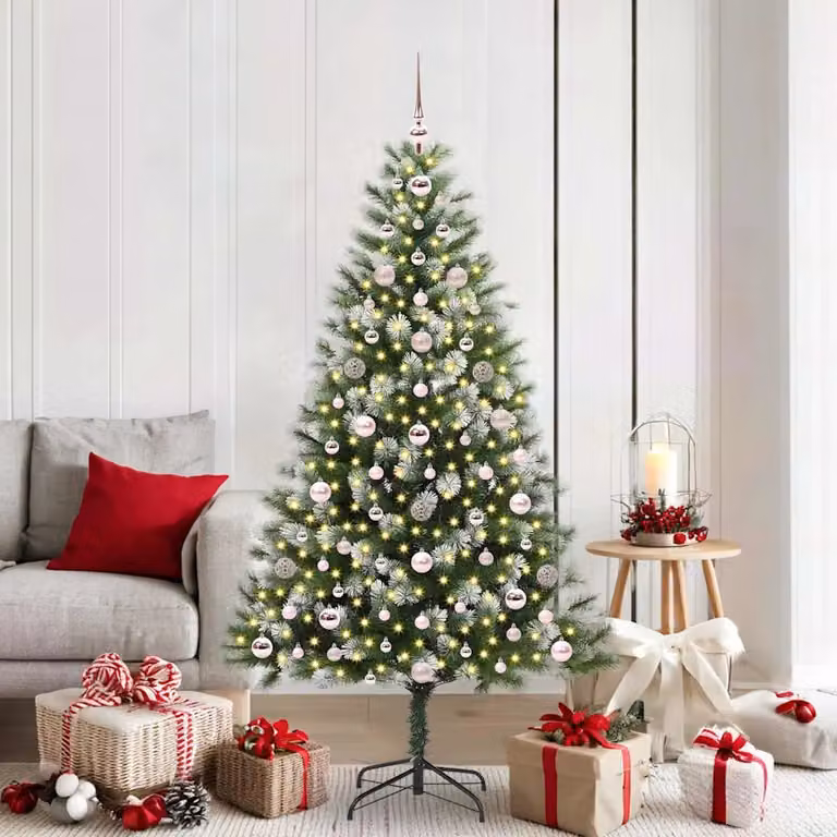 Albero di Natale artificiale vidaXL con rami snodati imbiancati, LED bianco caldo, verde e bianco