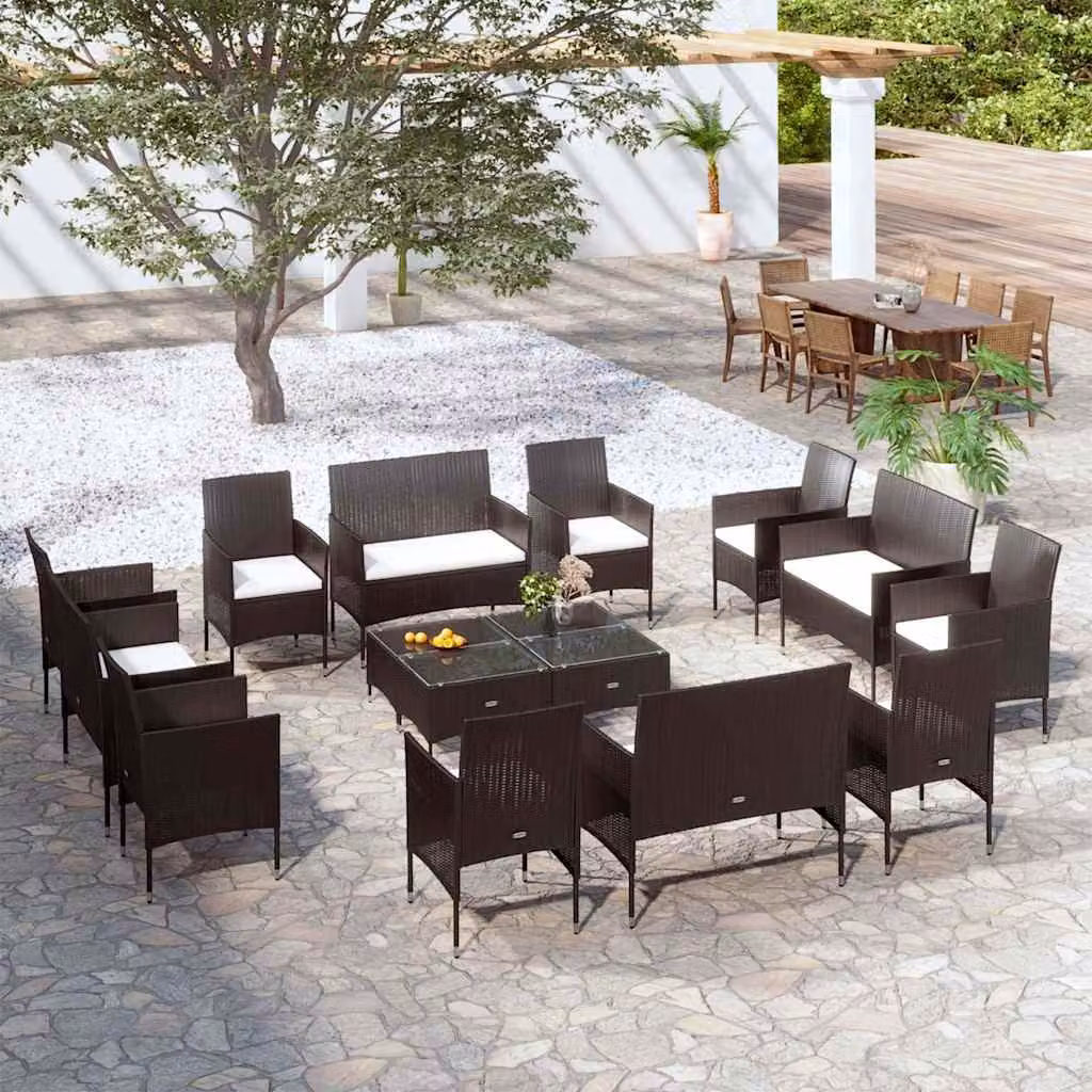 Set da giardino vidaXL composto da 16 pezzi con cuscini, struttura in metallo e rattan, colore nero e bianco, design moderno a forma di U per esterno