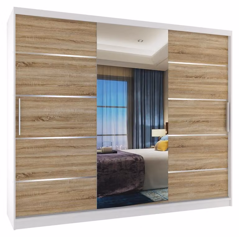 BELINI Verona, armadio scorrevole da 232 cm, bianco/effetto legno sonoma opaco - armadio con specchio e 4 cassetti, ideale per la camera da letto
