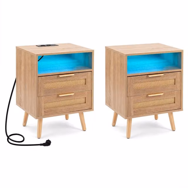 Set di 2 Comodino camera da letto con stazione di ricarica e luci regolabili, Mobiletto con 2 cassetti e scomparto moderno e salvaspazio