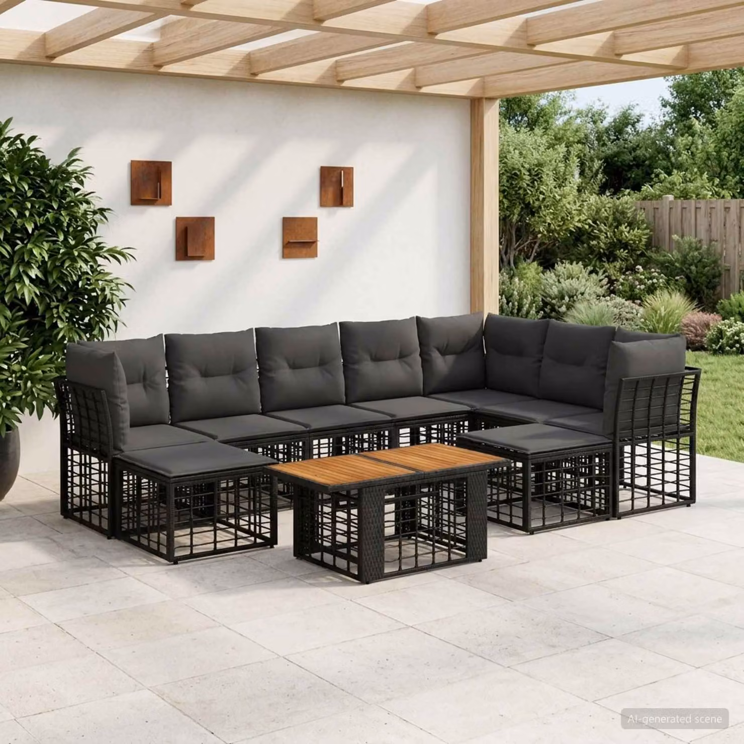 Set Divano da Giardino vidaXL 10 Pezzi in Polyrattan con Cuscini, Colore Nero e Grigio