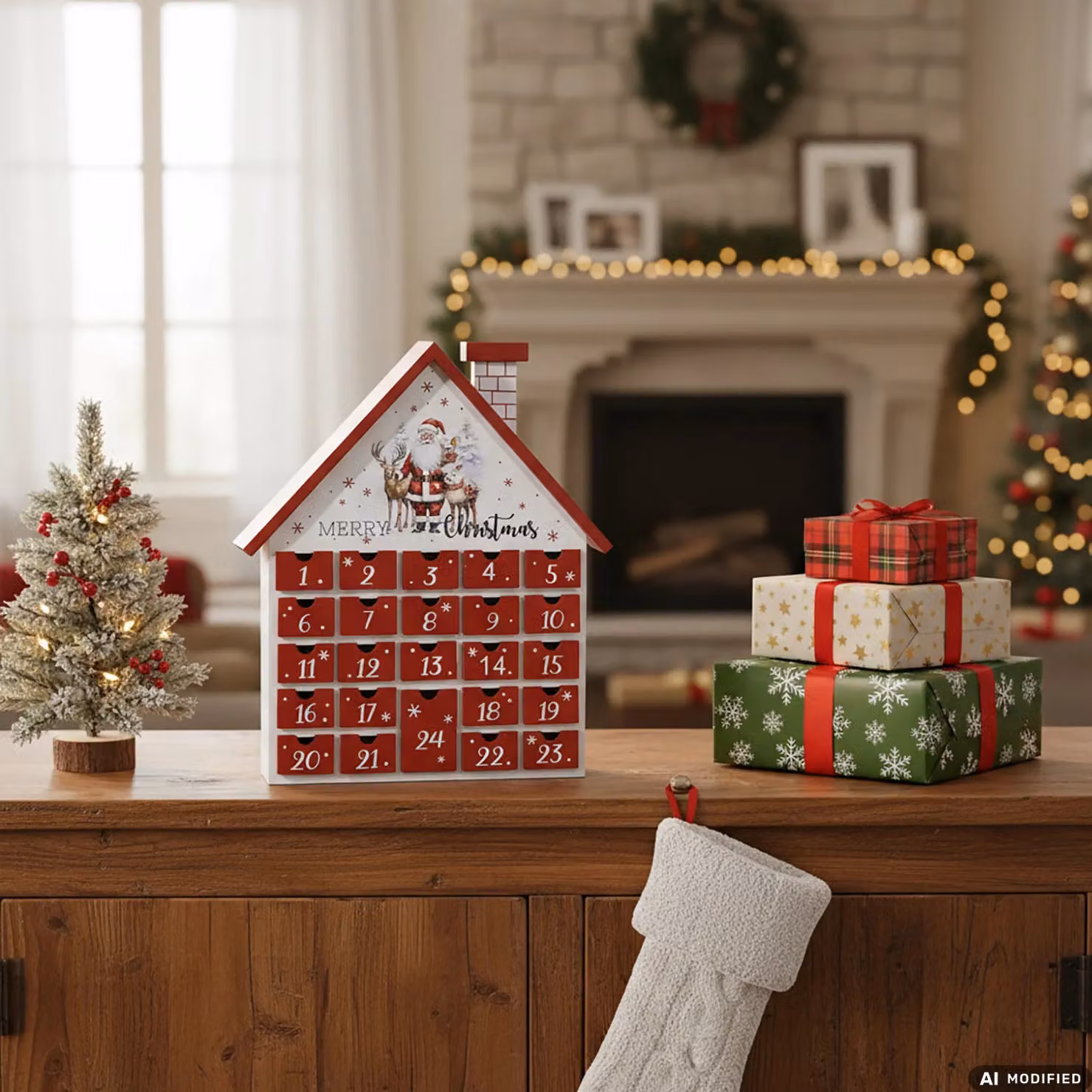 Calendario dell'Avvento Casa Natale VESTIAMO CASA in legno, rosso e bianco, Altezza: 34 cm – 2