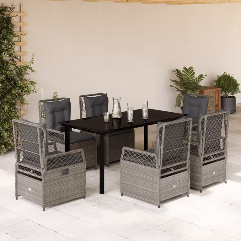 Set da Pranzo da Giardino vidaXL in Polyrattan e Vetro con 7 Pezzi Grigio e Nero