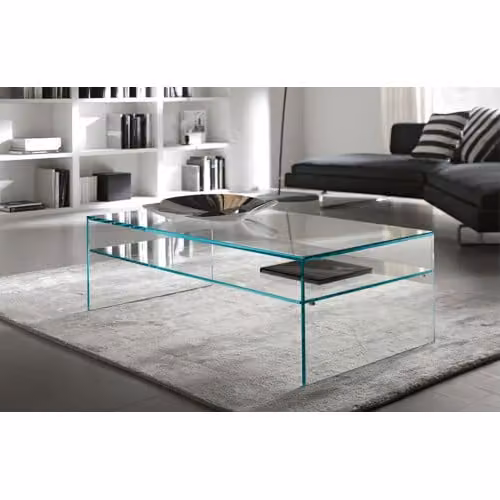 Tavolino basso Fratina di Tonelli Design in vetro trasparente e bronzo, disponibile in versione quadrato o rettangolare, L/P/H: 90 x 50 x 40 cm