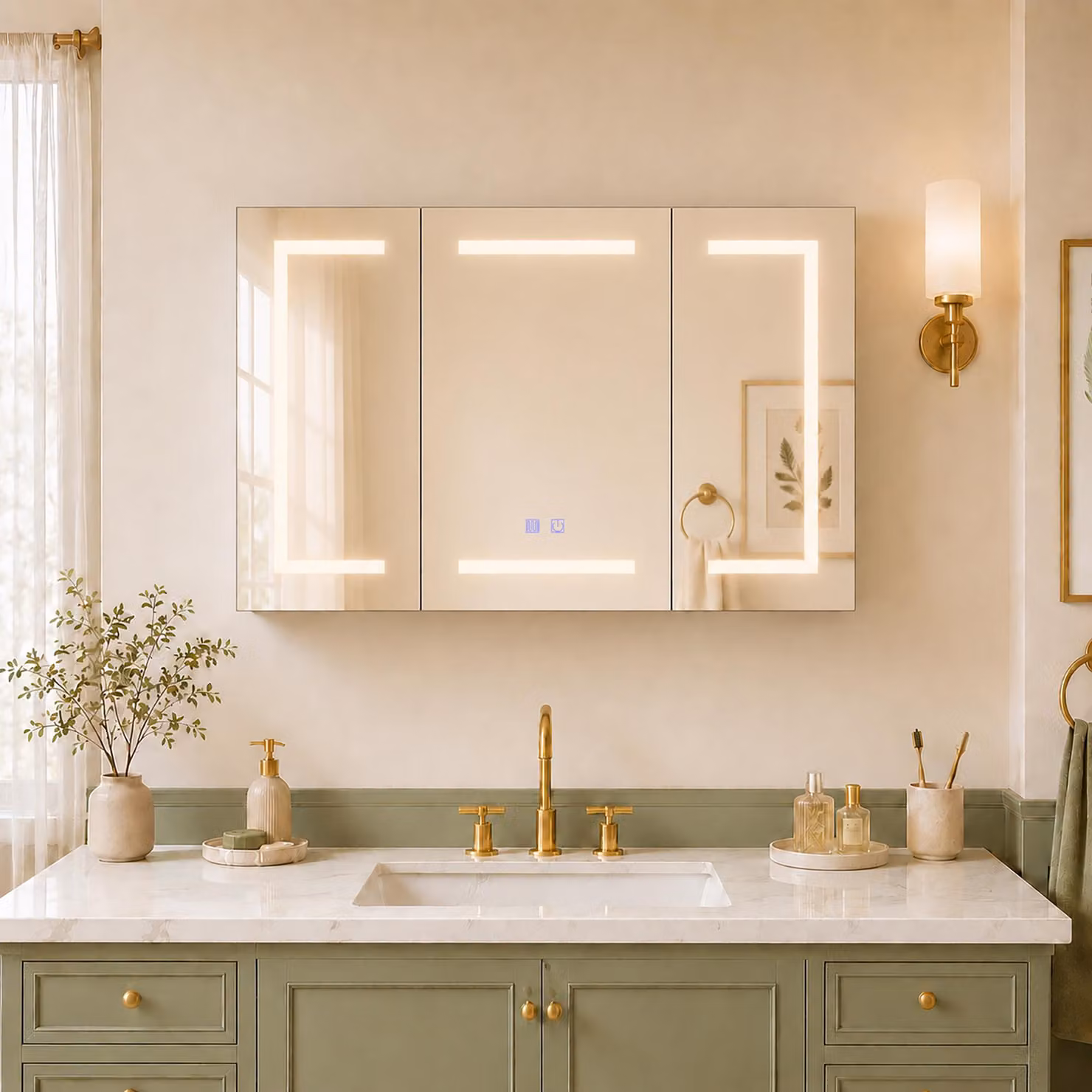 Specchio LED da 100 cm con 3 ante, funzione antiappannamento e presa di corrente, colore bianco