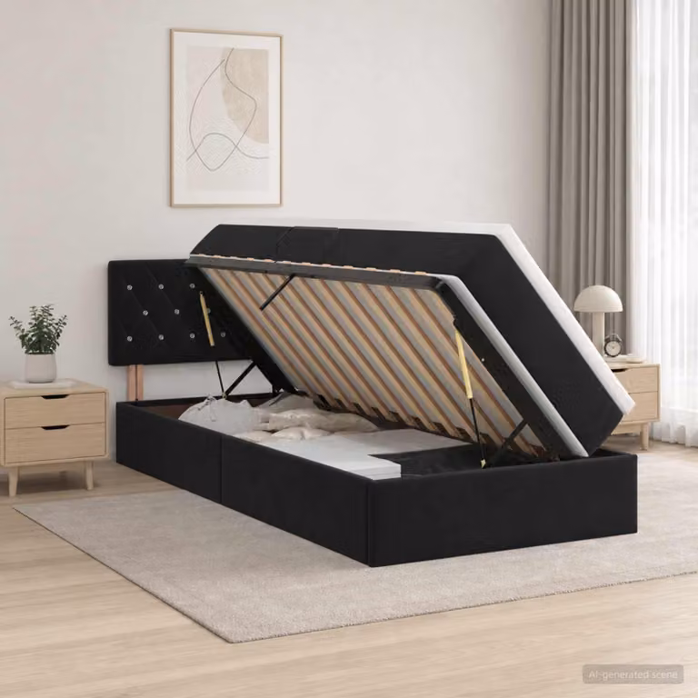 Letto con contenitore e testiera vidaXL in velluto nero, dimensioni 90 x 190 cm