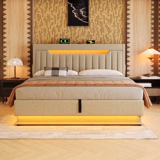 Letto Imbottito Matrimoniale con Contenitore Idraulico e LED ¨C MINIMAL ¨C Beige, Tessuto Lino, 180x200