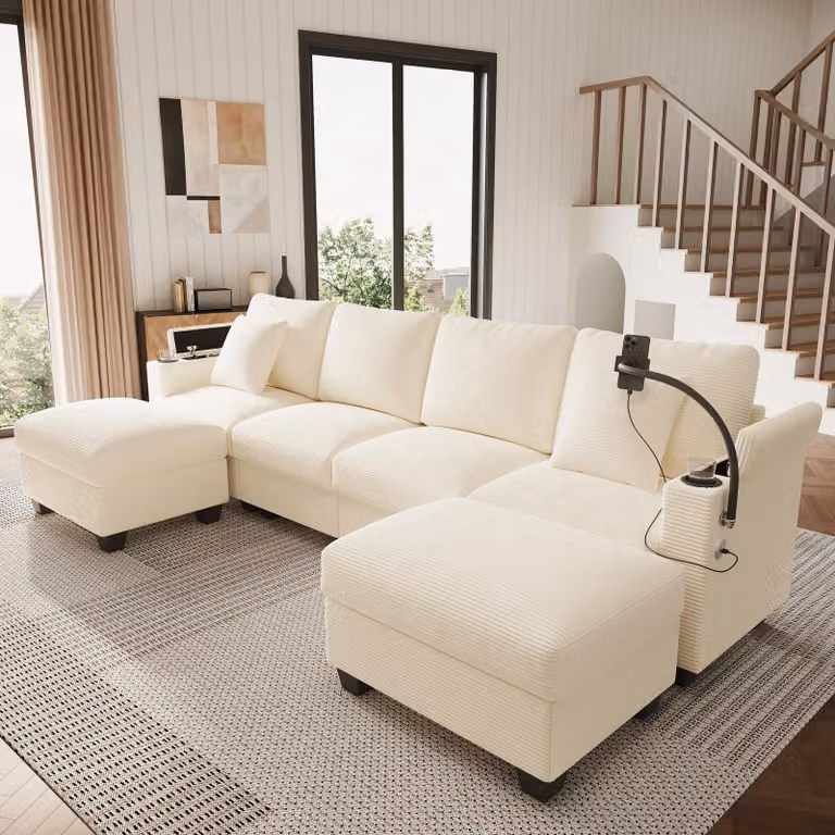 Merax Divano angolare a U a 6 posti, divano letto, grande divano modulare in velluto a coste, con porta USB, supporto per cellulare, portabicchieri, divano, beige