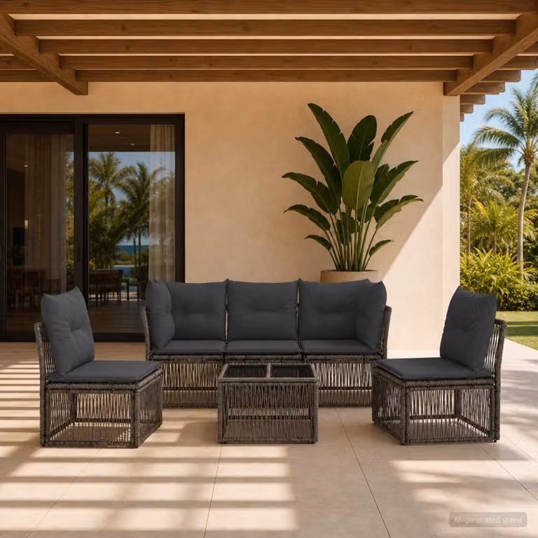 Set Divano da Giardino vidaXL 6 pz a Forma a L con Tavolino Grigio in Polyrattan e Acciaio