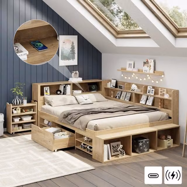 Letto per bambini con comodino; cassetti; mensole; armadio e ricarica wireless; legno naturale; 140x200 cm; senza materasso