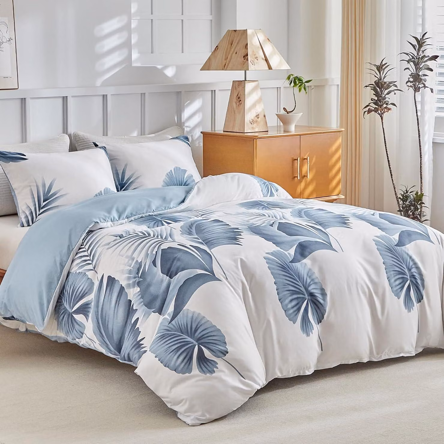 Set di lenzuola con copripiumino 200x200 cm - 3 pezzi - Microfibra - Motivo tropicale - Con chiusura a zip - Blu