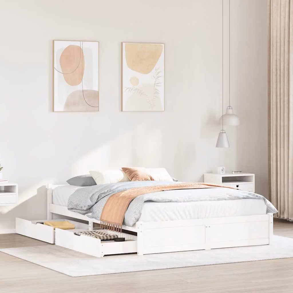 vidaXL Letto in Legno di Pino Massello Bianco con Cassetti Stile Rustico L 140 x P 200 cm