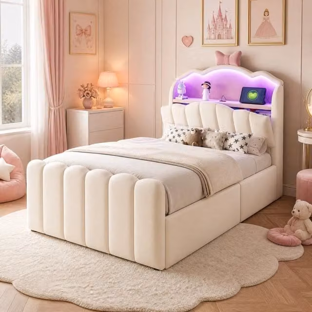 Letto per bambini 90x200 cm in velluto beige con contenitore, senza materasso –