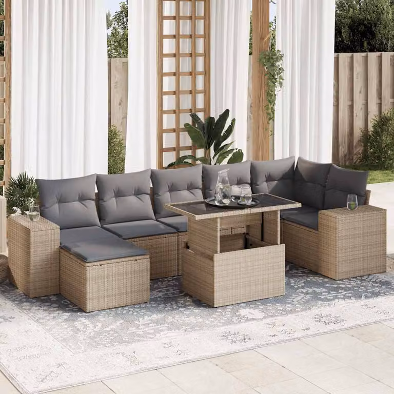 Set Divano da Giardino vidaXL 8 pz a Forma a L con Cuscini Beige e Tavolino, Struttura in Metallo e Polyrattan per Terrazza e Balcone