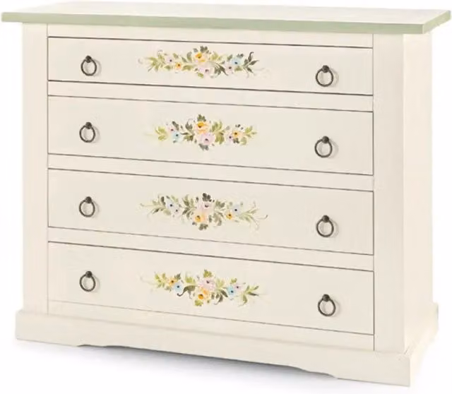 Comò 4 cassetti in stile arte povera in legno massello e mdf con rifinitura in bianco lucido con decorato 115x50x90 H
