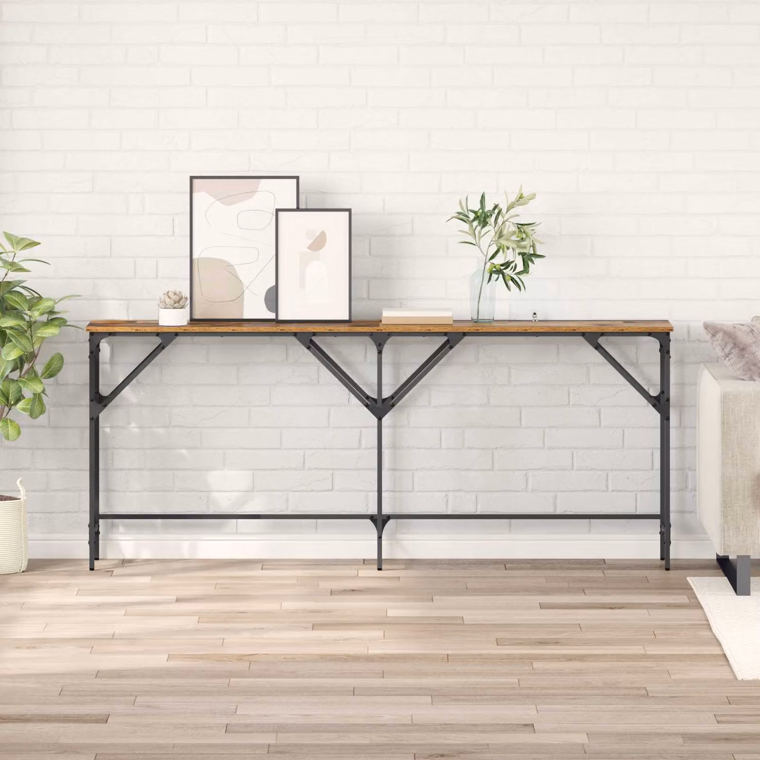 vidaXL Tavolo consolle in stile industriale in legno e metallo marrone L: 180 cm, P: 30 cm, H: 75 cm