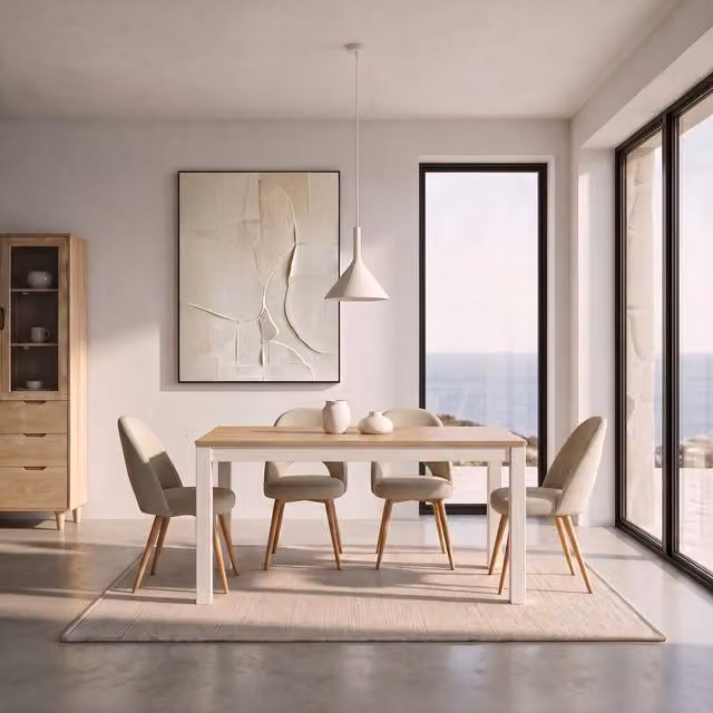 Tavolo da pranzo allungabile Banak in legno di acacia bianco e beige stile scandinavo