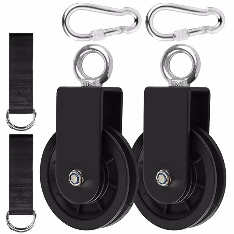 Set di 2 carrucole con gancio a U, rotazione a 360°, diametro 90 mm, colore nero