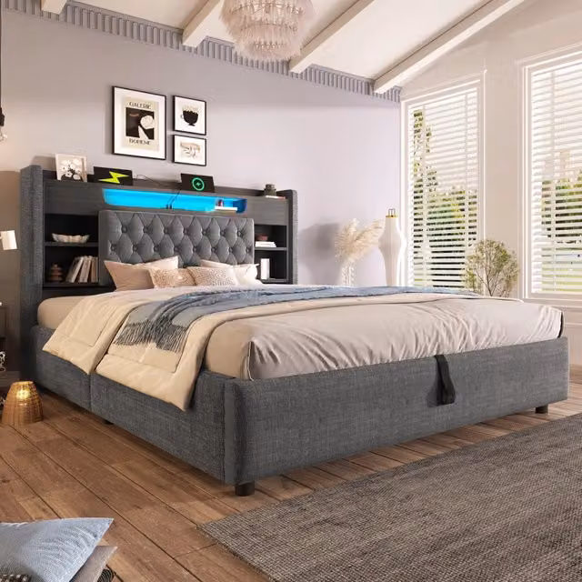 Letto Contenitore REDOM in Tessuto Grigio con LED, Porte USB e Ripiano Laterale L/P/H: 140 x 190 x 213 cm