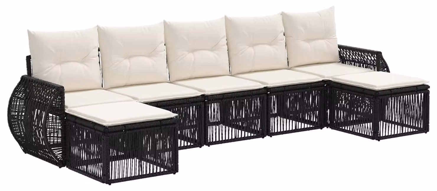 Set da giardino composto da 7 pezzi, in rattan sintetico nero e crema