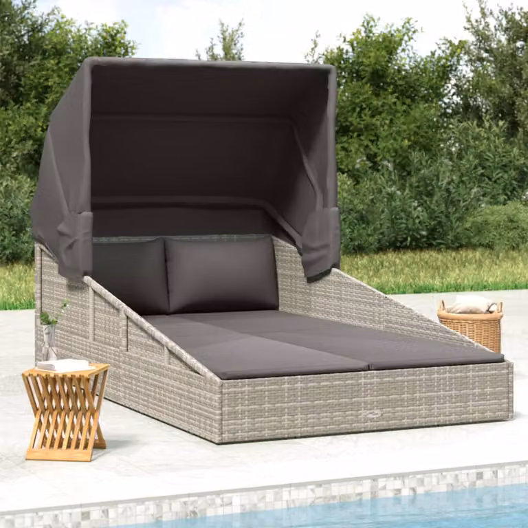 vidaXL Lettino da giardino in polyrattan con tetto pieghevole e tendalino, Grigio, L: 200 cm, P: 114 cm, H: 128 cm
