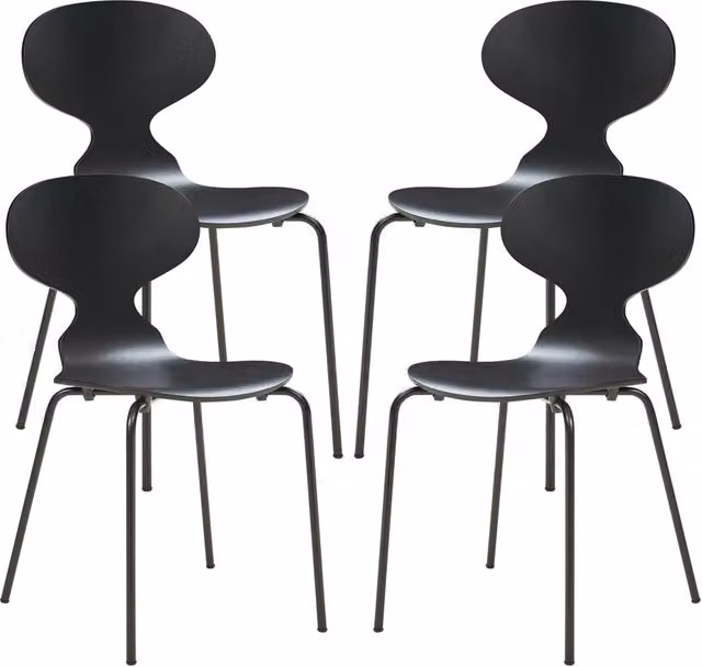 Set di 4 sedie impilabili moderne en.casa per sala da pranzo e cucina, colore nero con finitura opaca e dettagli in legno di betulla