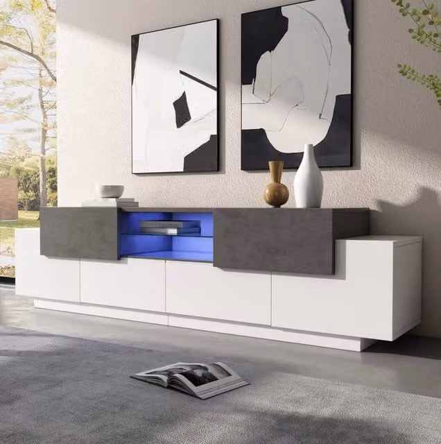Mobile TV LED Moderno con Vani e Ripiani in Vetro per TV fino a 80 Pollici, Bianco e Grigio, 180x40x45 cm