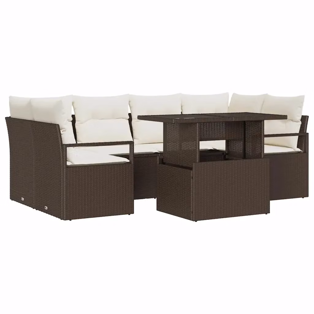Set Divano da Giardino vidaXL 7 Pezzi in Polyrattan Marrone e Beige con Cuscini e Tavolino da Esterno – 2