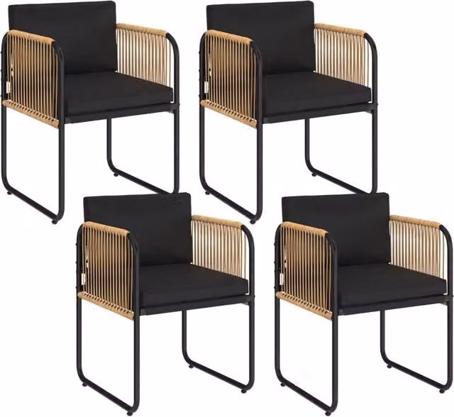 Set di 4 sedie da giardino RIO IDMarket con struttura in metallo nero, cordoncino effetto rattan beige e cuscini neri