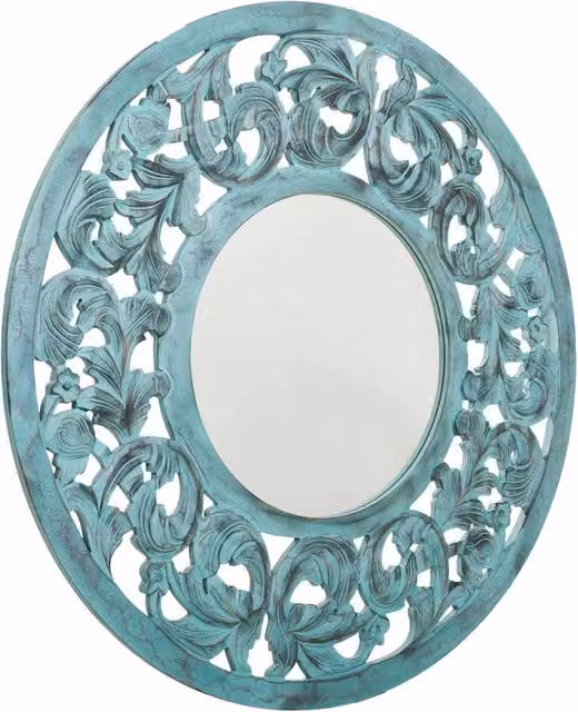 Specchio rotondo vintage WANDERLUST DECO in legno con decorazione floreale, colore turchese, L: 90 cm, P: 90 cm, H: 1 cm