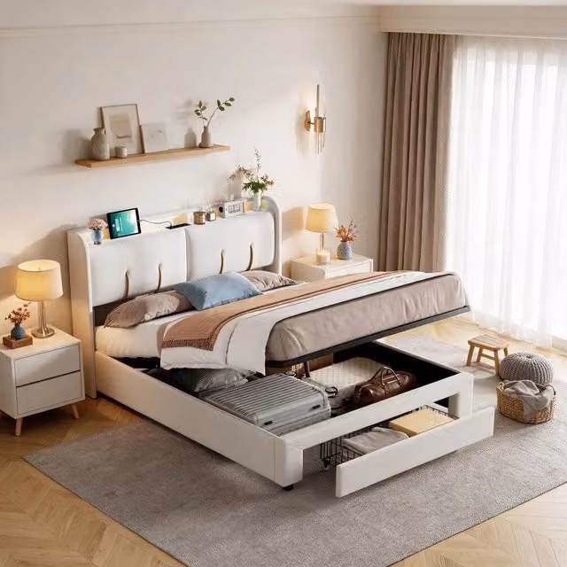 Letto matrimoniale 140x200 cm con contenitore idraulico cassetto LED USB Type-C rete a doghe in legno - beige