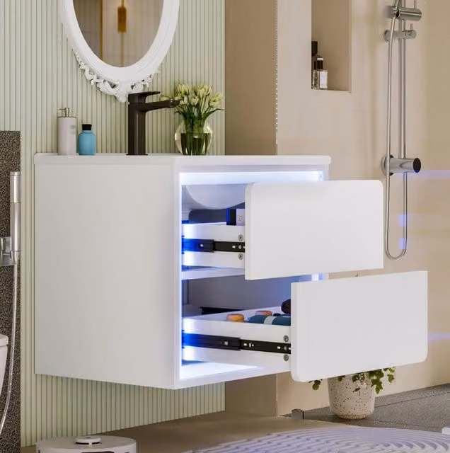 Mobile bagno sospeso 60x46x50 cm con lavabo in ceramica; 2 cassetti e luce LED con sensore radar bianco HOMVRA