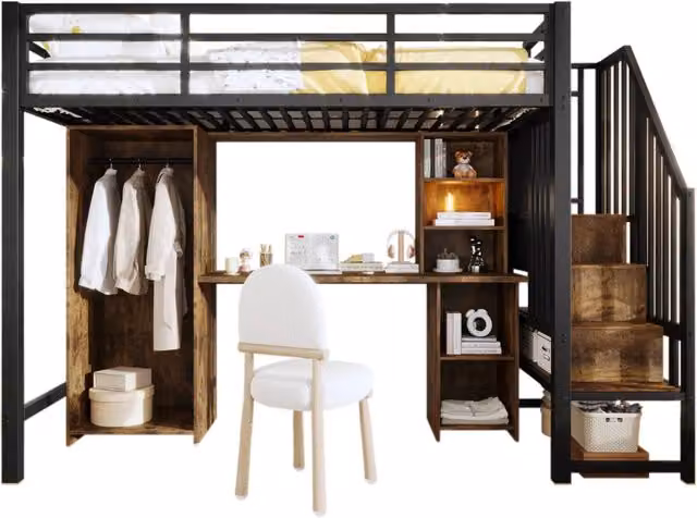 Letto a soppalco REDOM nero con armadio, scrivania, vani contenitore e scala, dimensioni 90 x 200 cm – 1