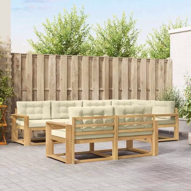 Set di divani da esterno a L vidaXL in legno di acacia con cuscini bianchi e beige – 1