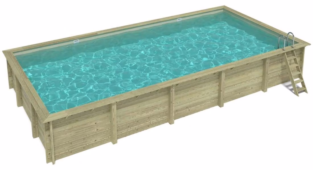 Piscina in legno AQUA 10.2 x 5.2 - H.1.45 m, sabbia, con supporti fissati al calcestruzzo