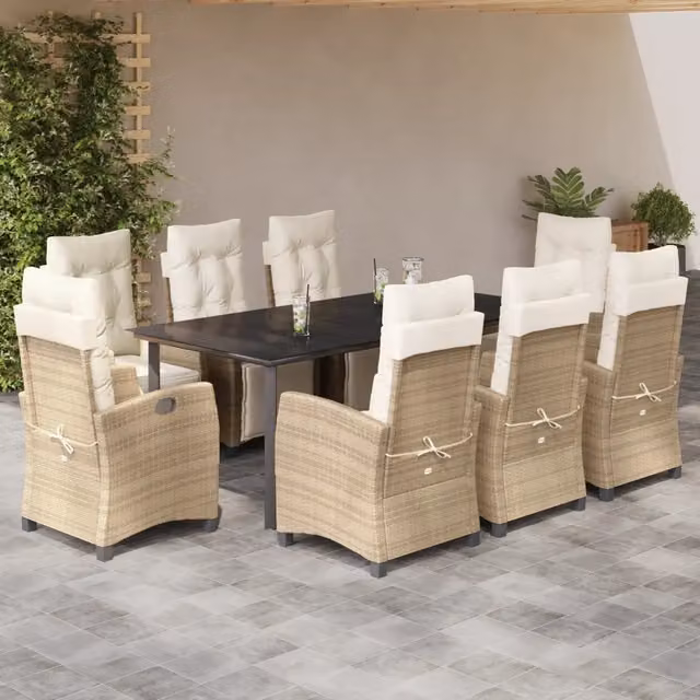Set da pranzo da giardino vidaXL in polyrattan con cuscini beige e piano in vetro, 9 pezzi