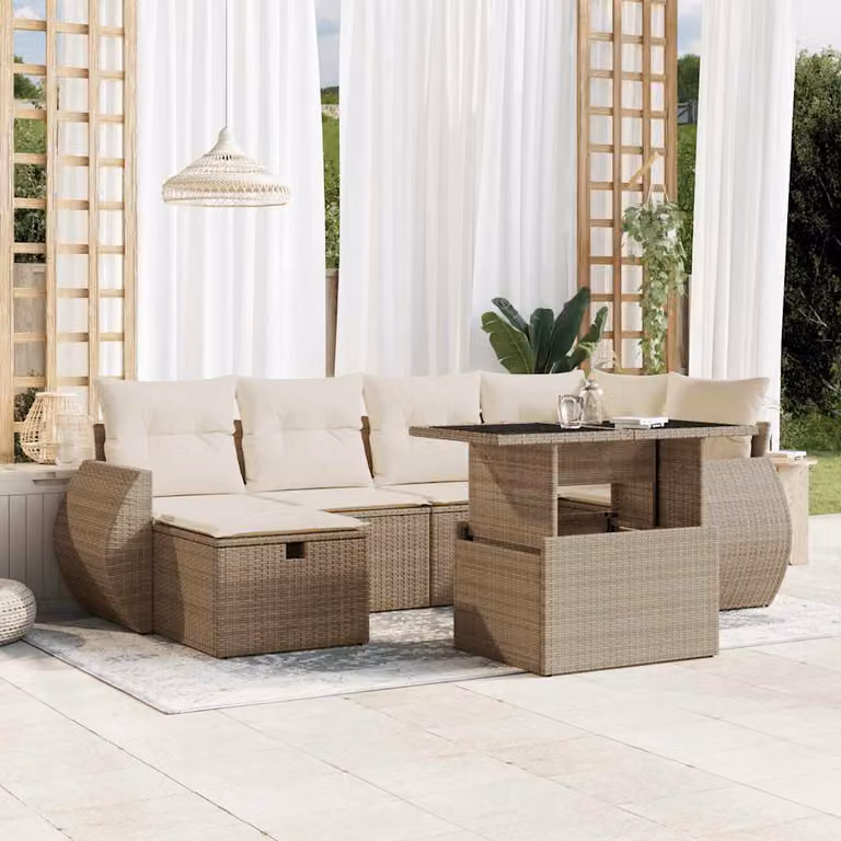 vidaXL Set Divani da Giardino 7 pz in Polyrattan Beige con Cuscini e Tavolino