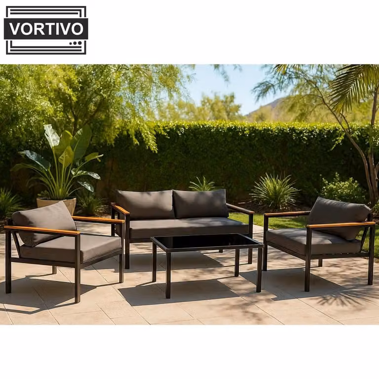 Set salotto da giardino 4 pezzi - Struttura in metallo e braccioli in legno resistente ai raggi UV - Rivestimento grigio scuro - Gruppo di sedute moderne per esterni per patio e balcone