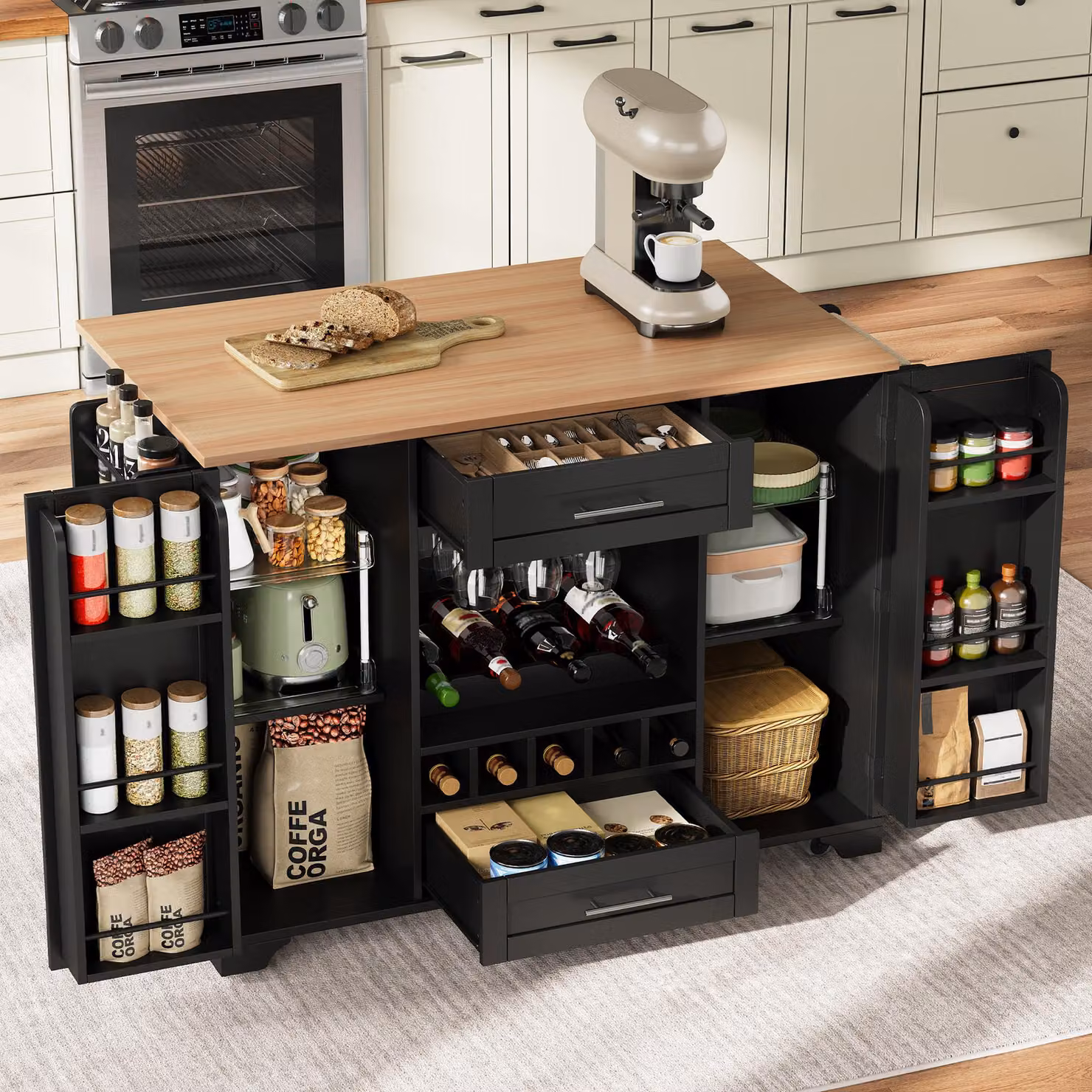 Carrello da cucina STILVORA con piano di lavoro pieghevole, isola da cucina su ruote con portabottiglie, portabicchieri, ripiano per spezie e porta asciugamani, colore nero