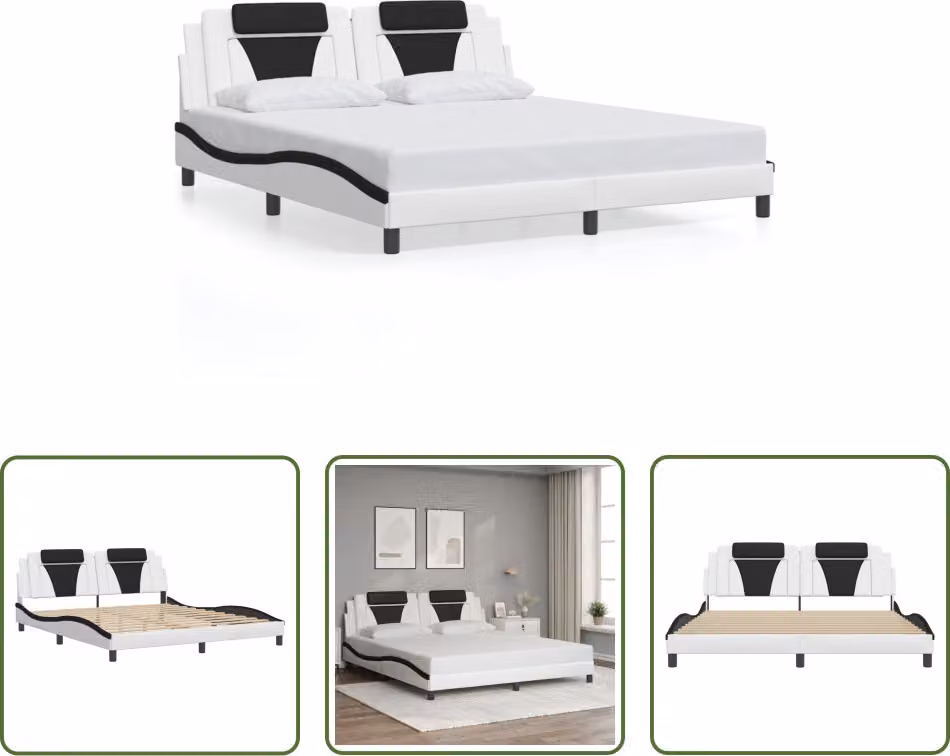 The Living Store Struttura letto con testiera bianca e nera 180x200 cm in ecopelle