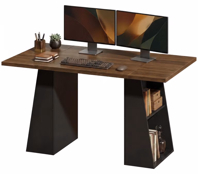 Scrivania HOMCOM da 140 cm, scrivania per computer con 4 ripiani aperti, marrone, nero