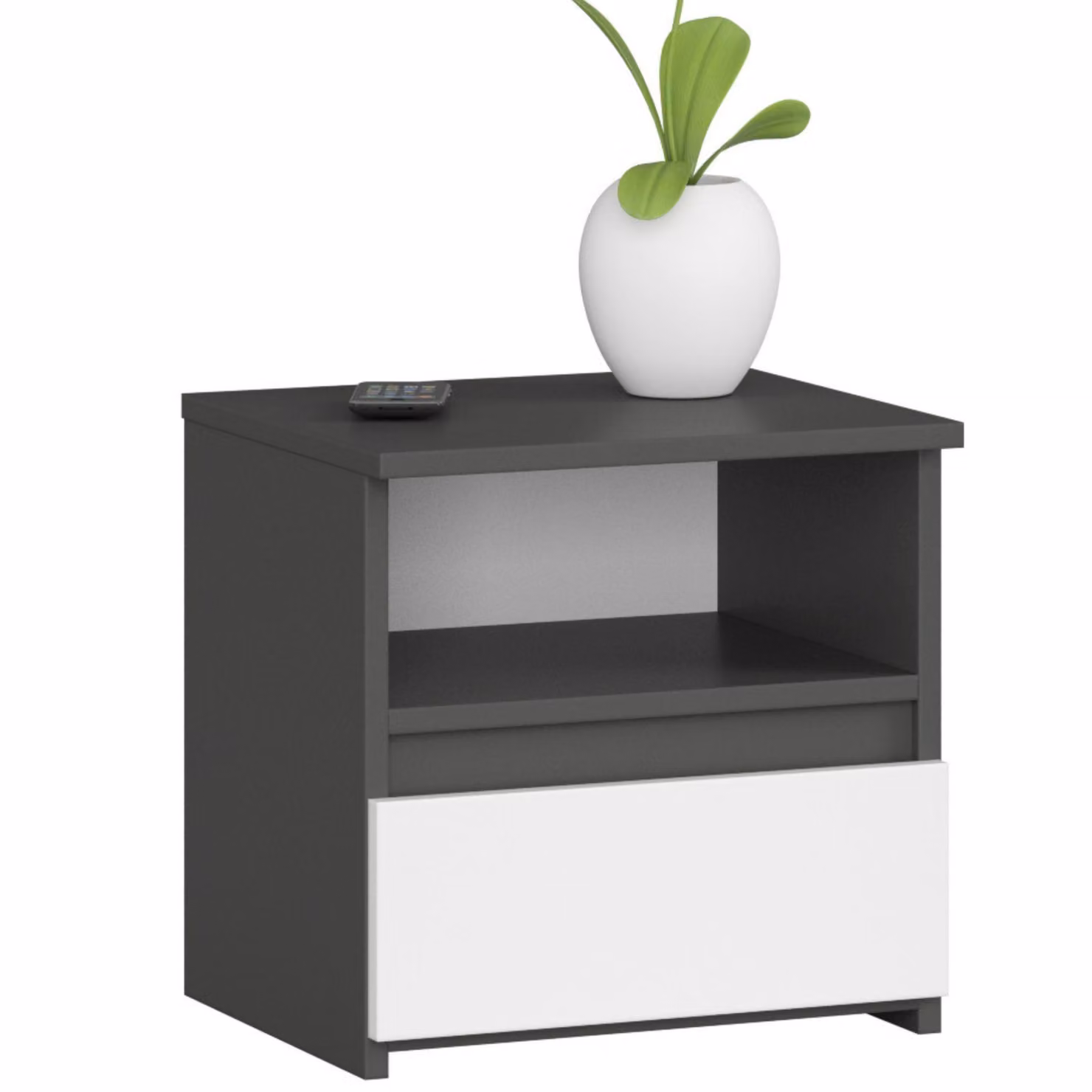 Comodino con 1 cassetto. Organizzatore per comodino. Comodino con cassetti, 40 cm di larghezza, 40 cm di altezza. Mobile contenitore a parete, mobiletto laterale, armadietto stretto, colore grigio-bianco, legno